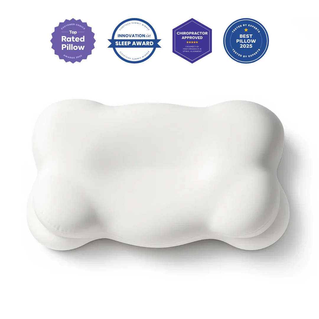 White orthopedic pillow with award badges for top ratings above it.