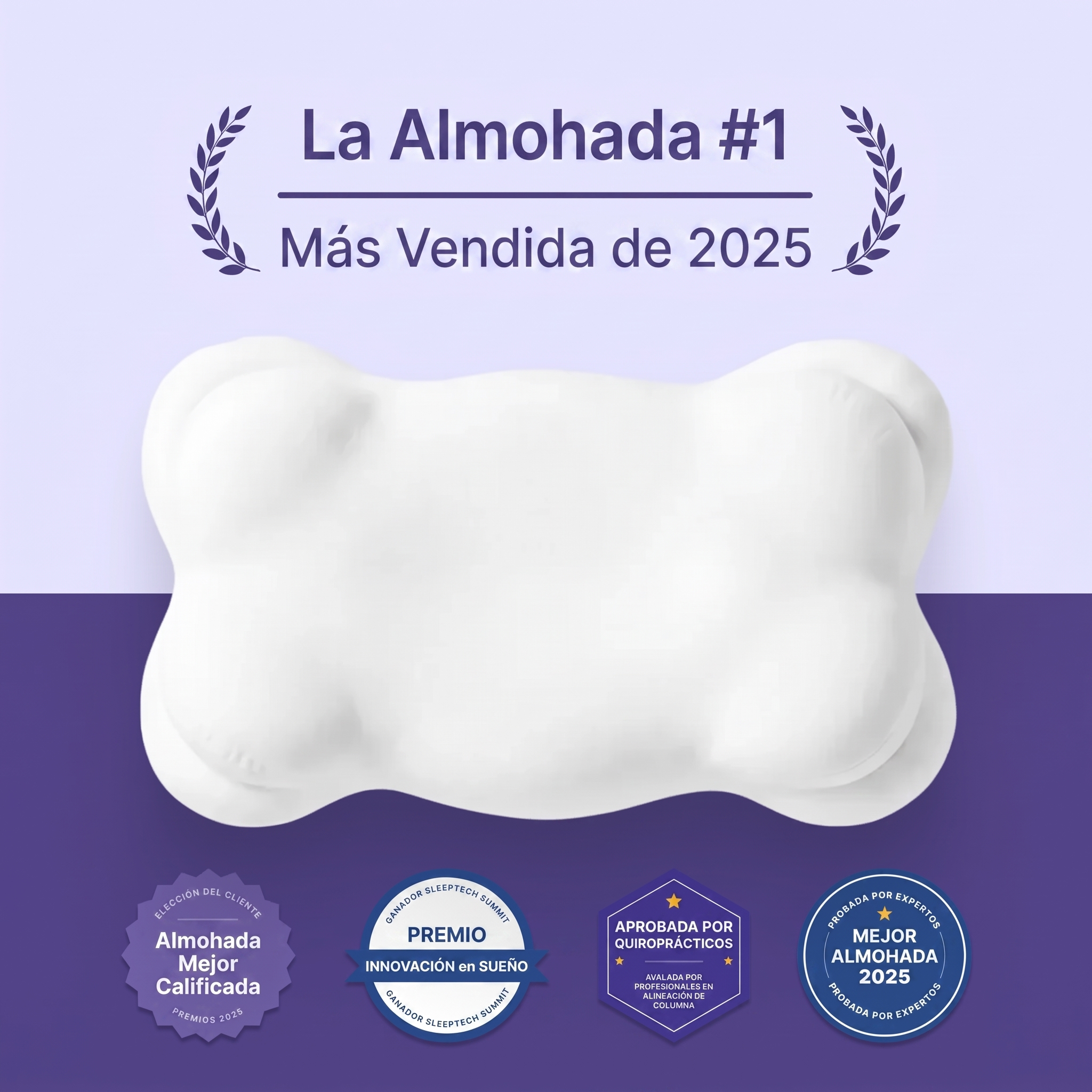 A white ergonomic pillow on a purple background with Spanish text and various award badges.