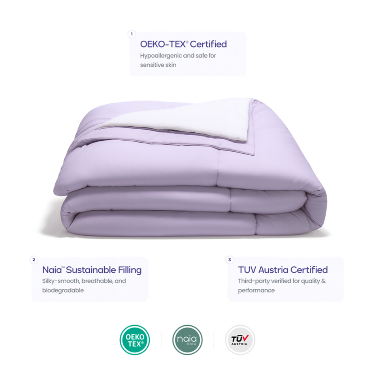 Folded lavender comforter with certification labels and logos.