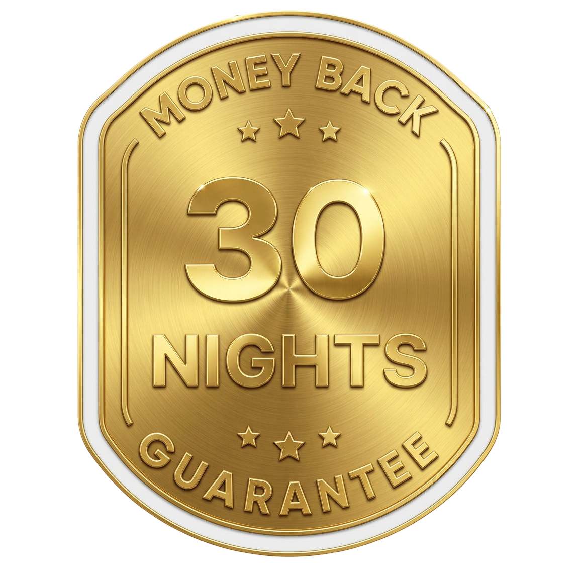 A gold badge that reads 'Money Back 30 Nights Guarantee' on a white background.