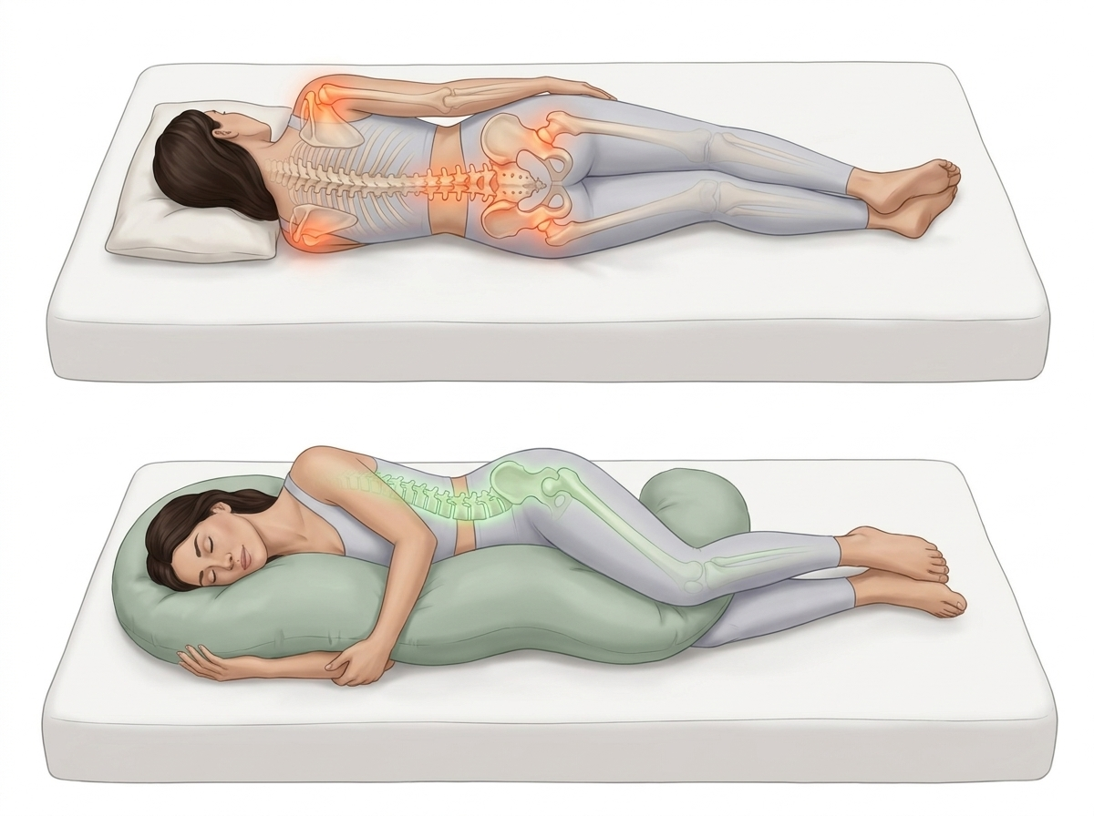 A diagram comparing a woman sleeping with and without a body pillow, illustrating its effect on spinal alignment.