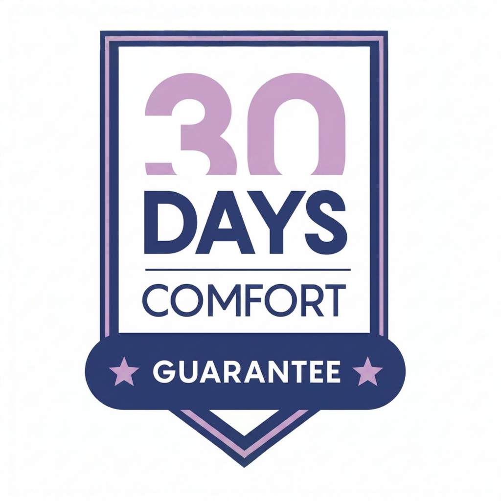 A graphic badge in purple and blue that reads, '30 Days Comfort Guarantee'.