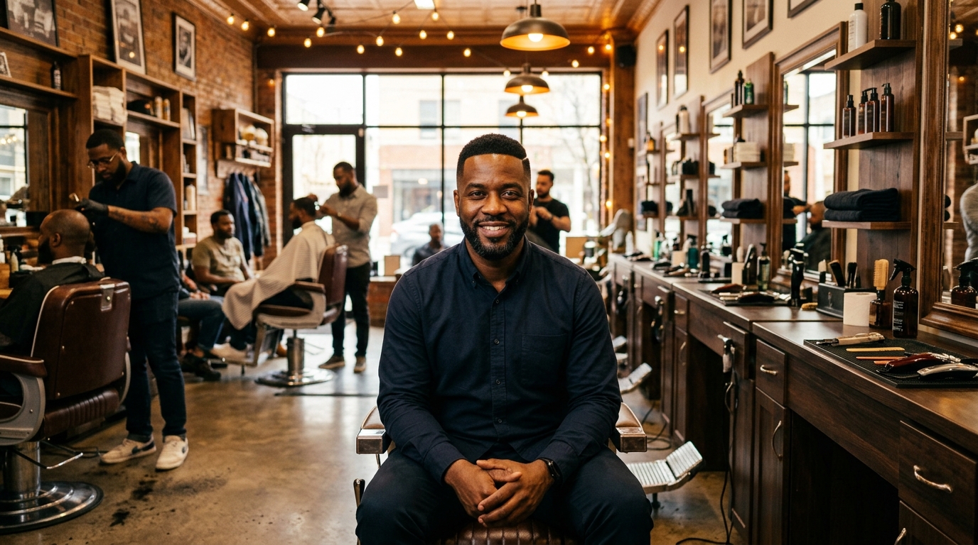 A man sits smiling in a barber's chair in a busy barbershop with stylists and other customers.