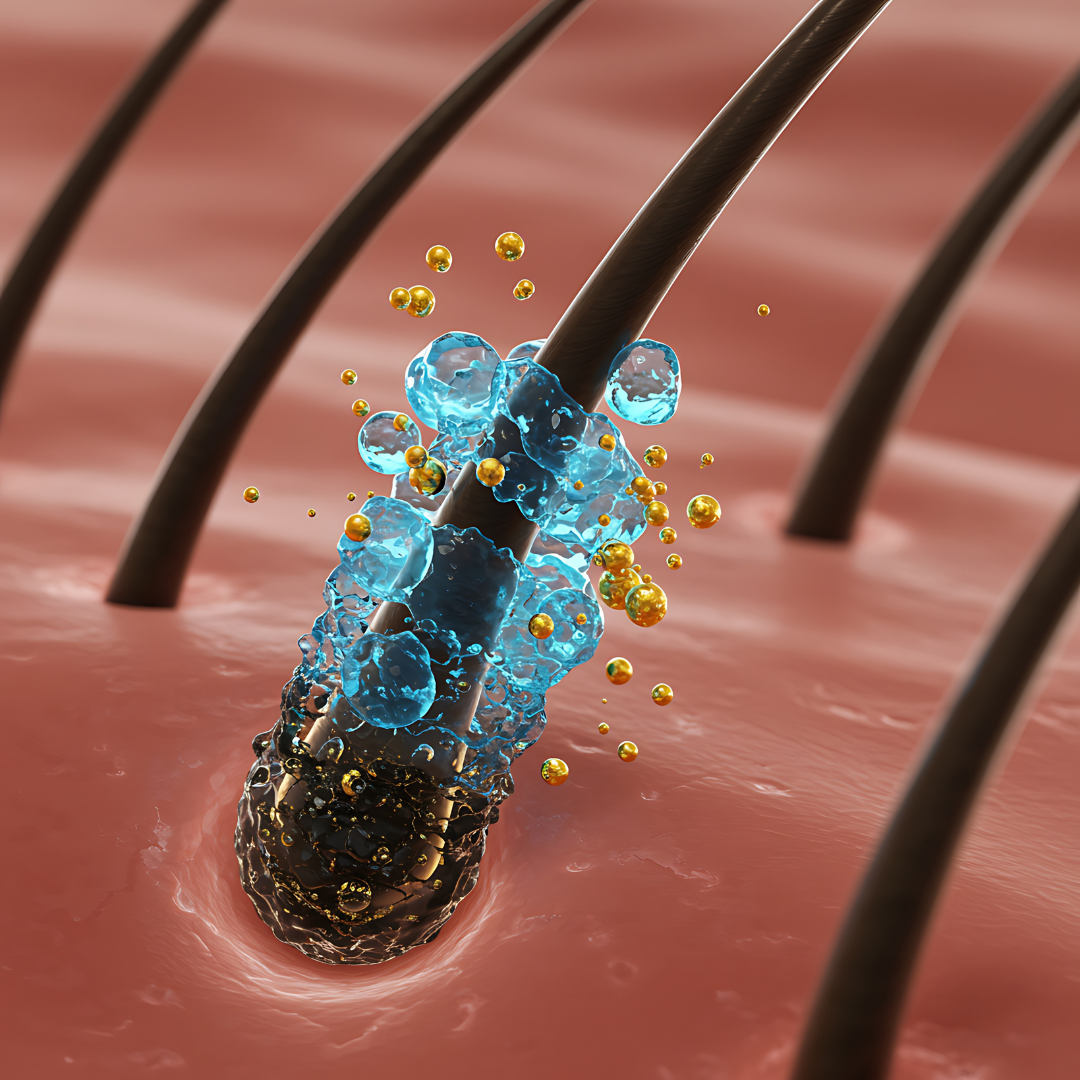 Close-up of hair follicles with blue and yellow particles attached.