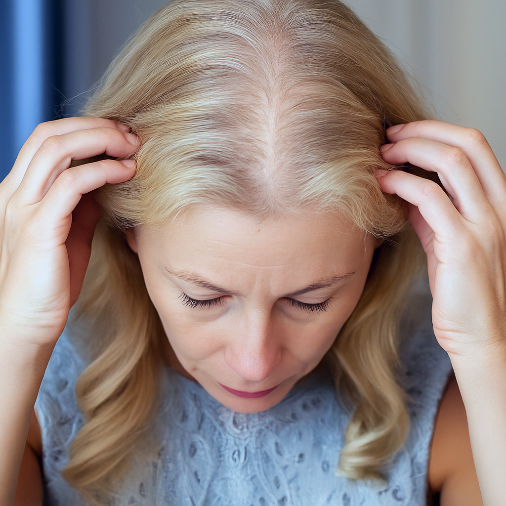 Woman examining her scalp with hands, looking down.