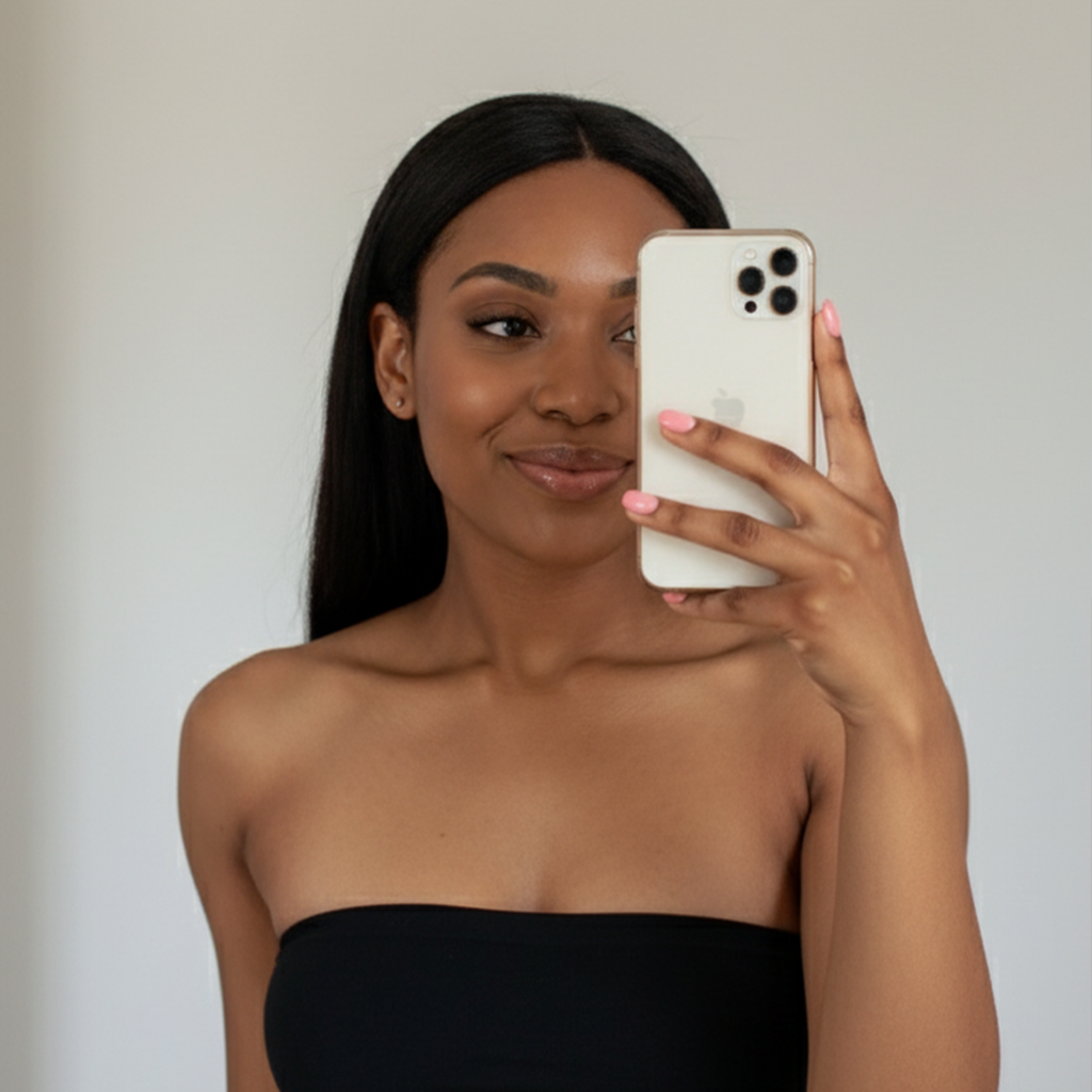 Person taking a selfie with a smartphone, wearing a black strapless top.