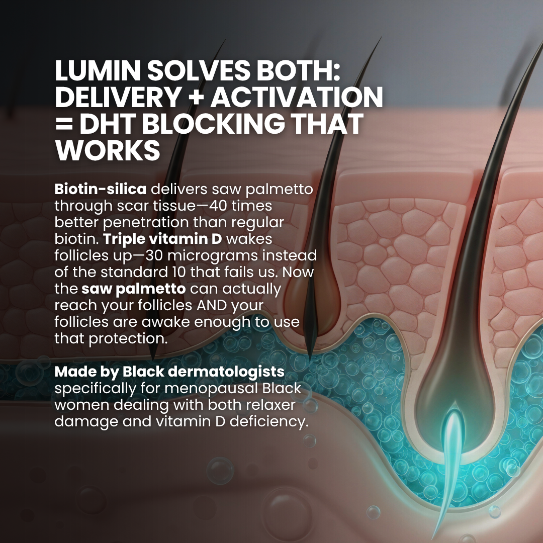 Illustration of hair follicles, with text about hair treatment benefits.