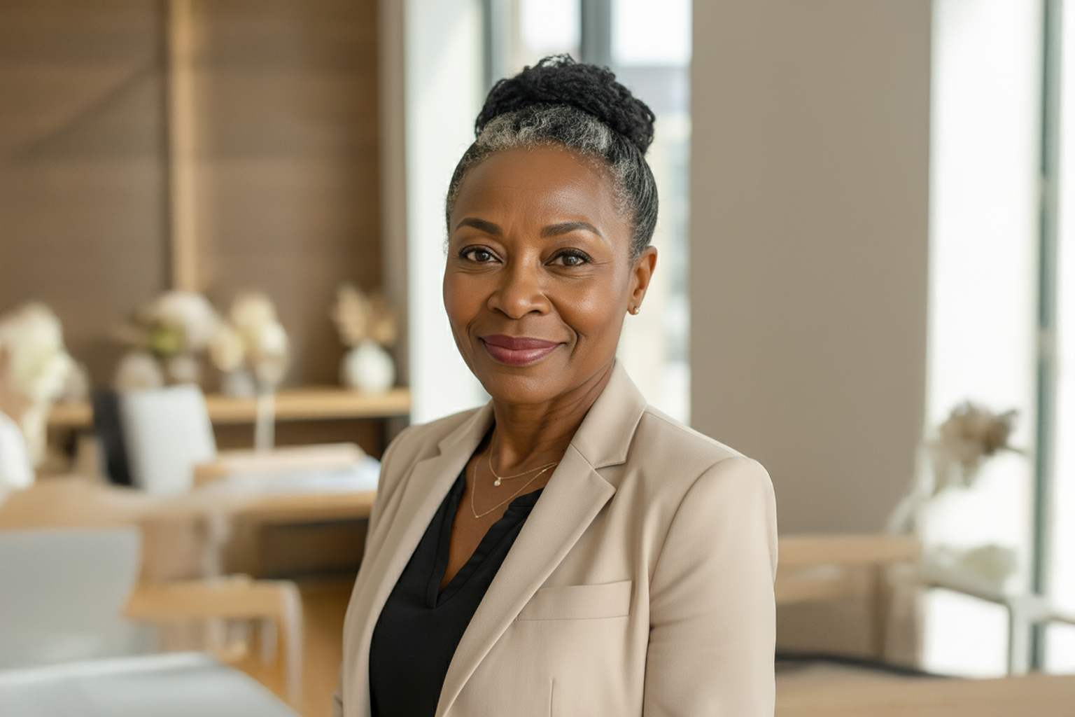 A person in a beige blazer smiling in a modern office setting.
