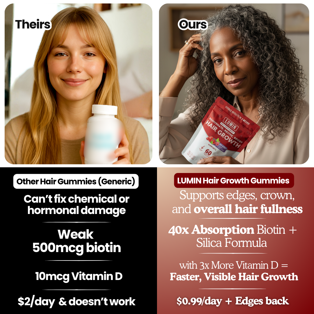 Comparison of two hair gummies, highlighting benefits of LUMIN Hair Growth Gummies.
