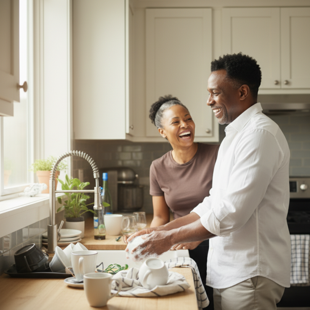 Two people smiling while washing dishes in a bright kitchen.