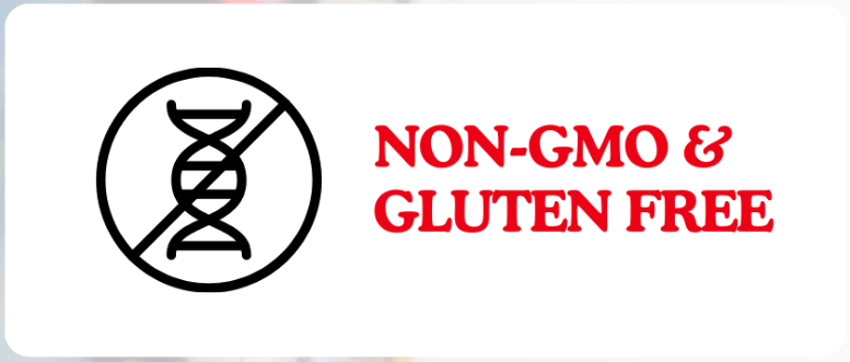 An icon of a crossed-out DNA strand next to red text that reads 'NON-GMO & GLUTEN FREE'.