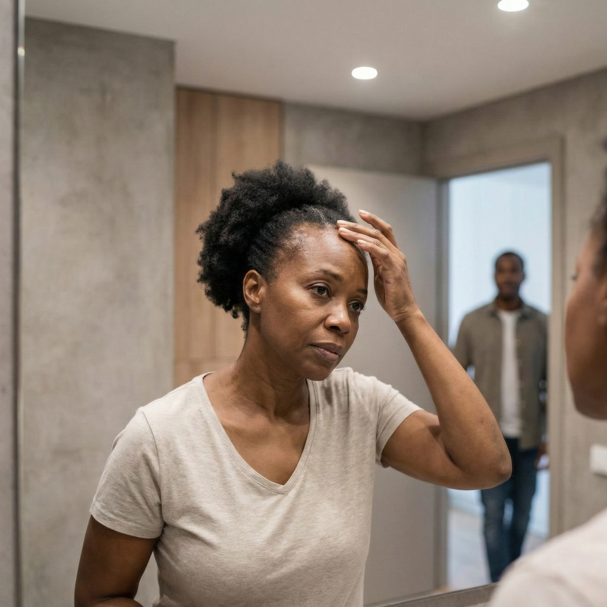 A woman looks in a mirror with a concerned expression, touching her forehead as a man watches.