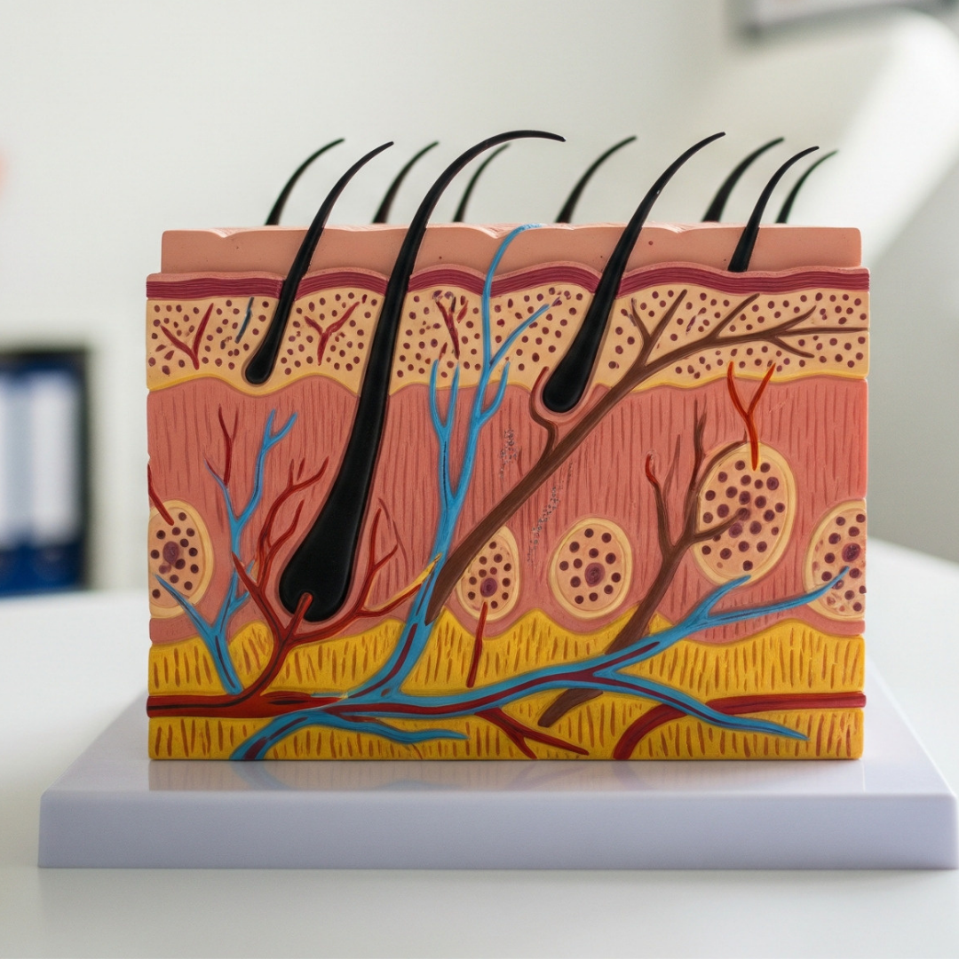 Colorful cross-section model of human skin with hair follicles and blood vessels.