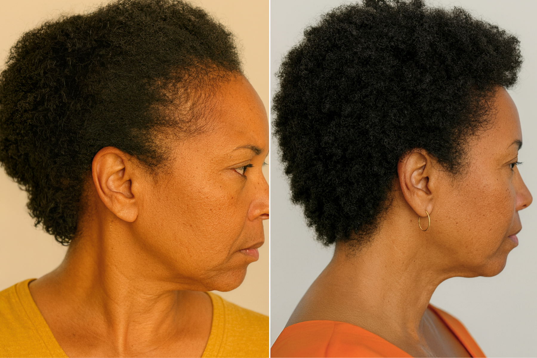 Side-by-side profiles of a woman with different hairstyles.