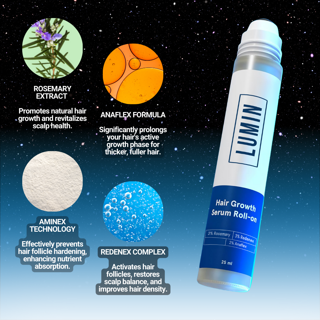 Hair growth serum bottle with descriptions of key ingredients and benefits.