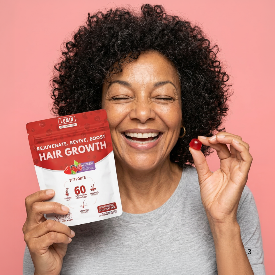 A smiling woman holds a pouch of hair growth supplements and a single red gummy.