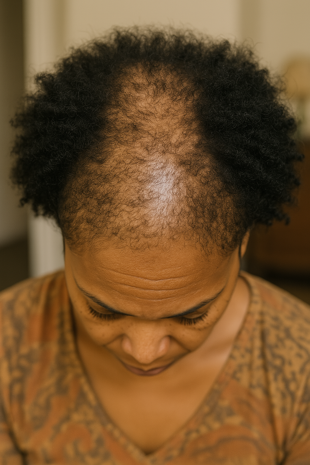 Person with thinning hair on top of their head, looking down.