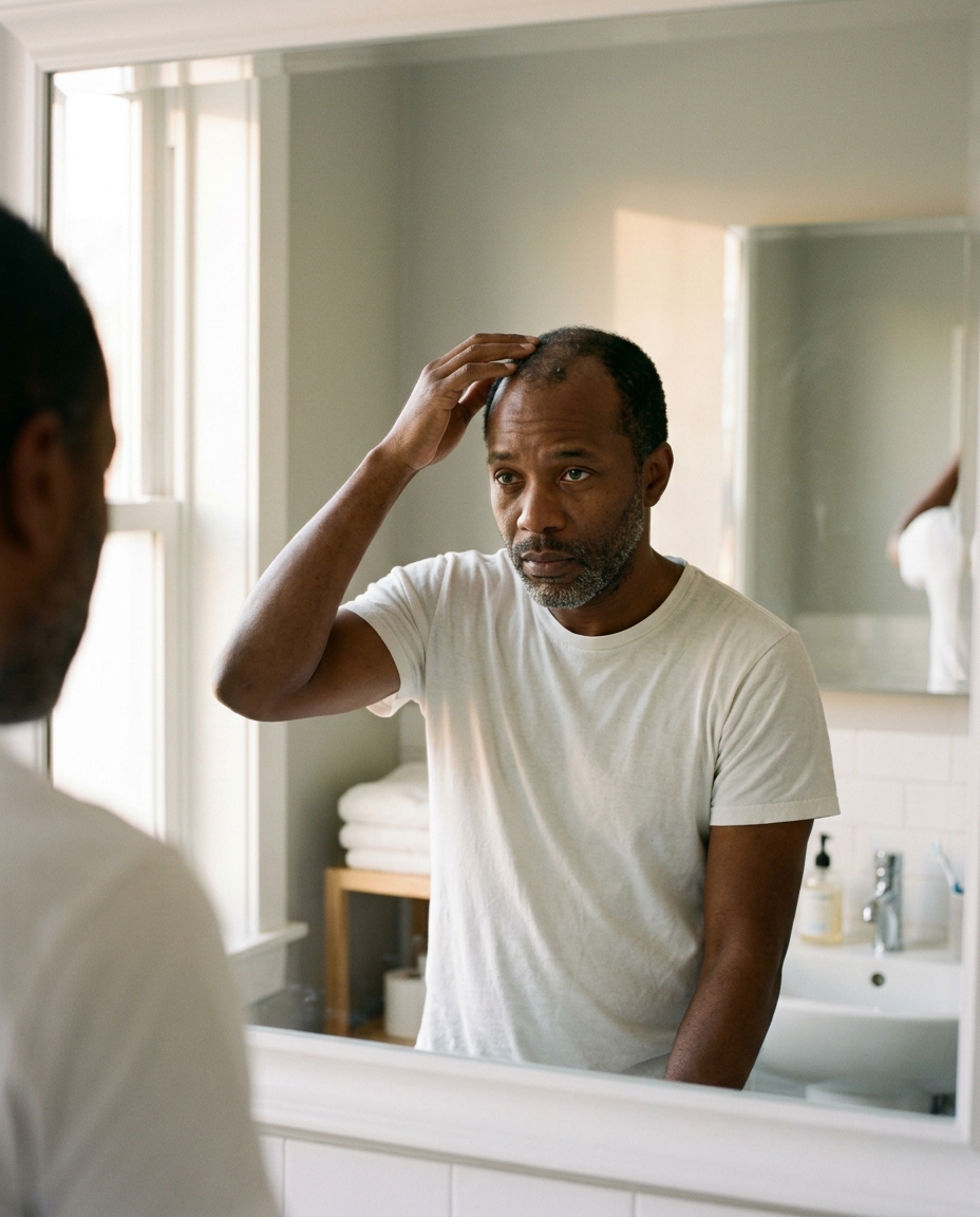 A middle-aged Black man in a white t-shirt examines his thinning hair in a bathroom mirror.