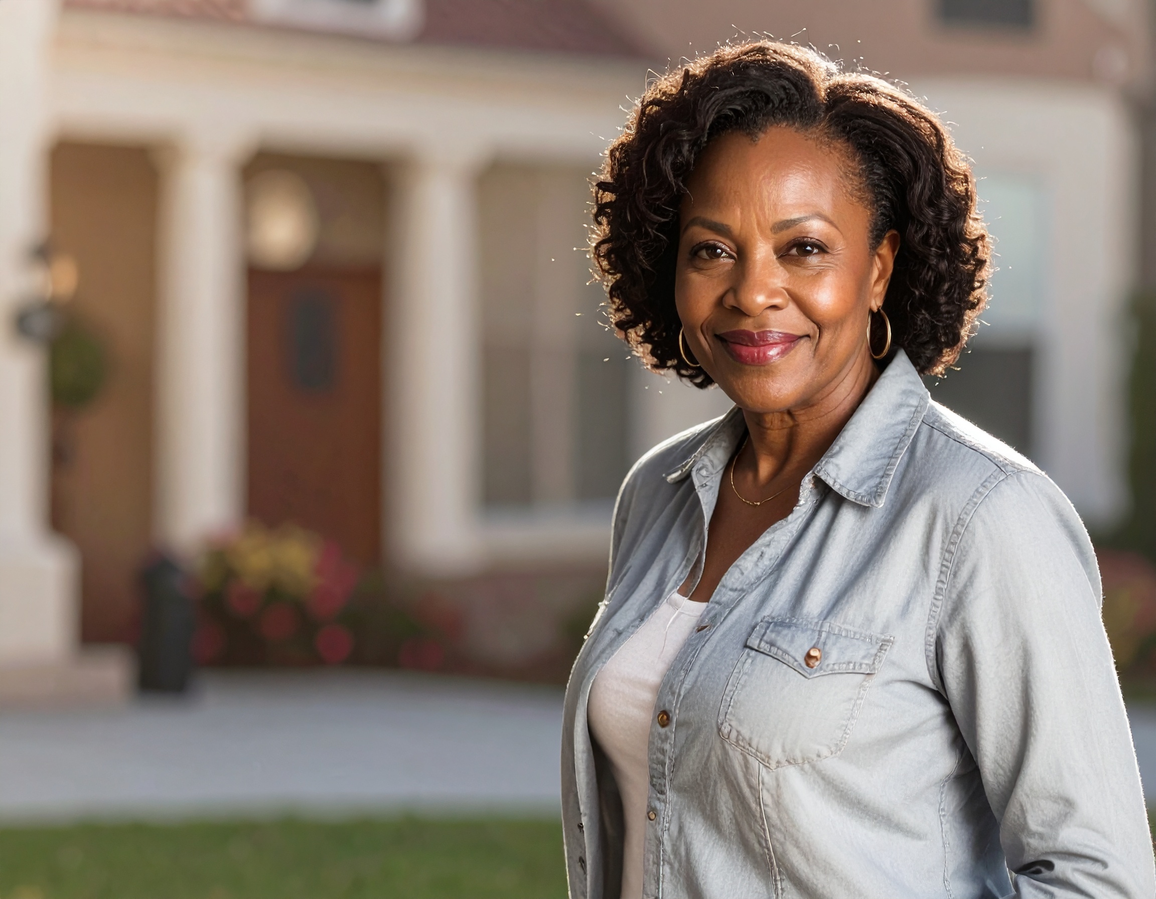Person smiling outside a house with columns.