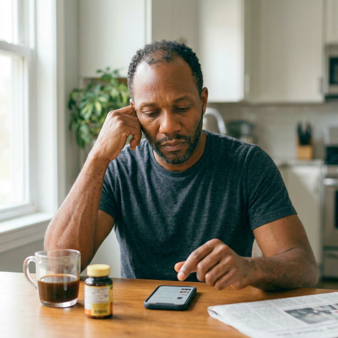 A man sits at a kitchen table, resting his head on his hand while looking at his smartphone.
