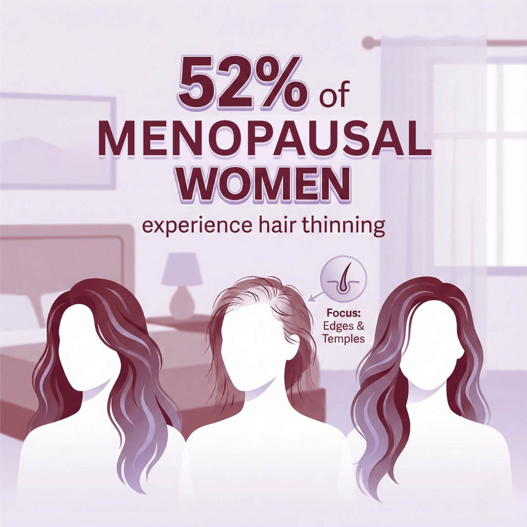 Infographic showing three women, one with thinning hair, stating '52% of menopausal women experience hair thinning.'