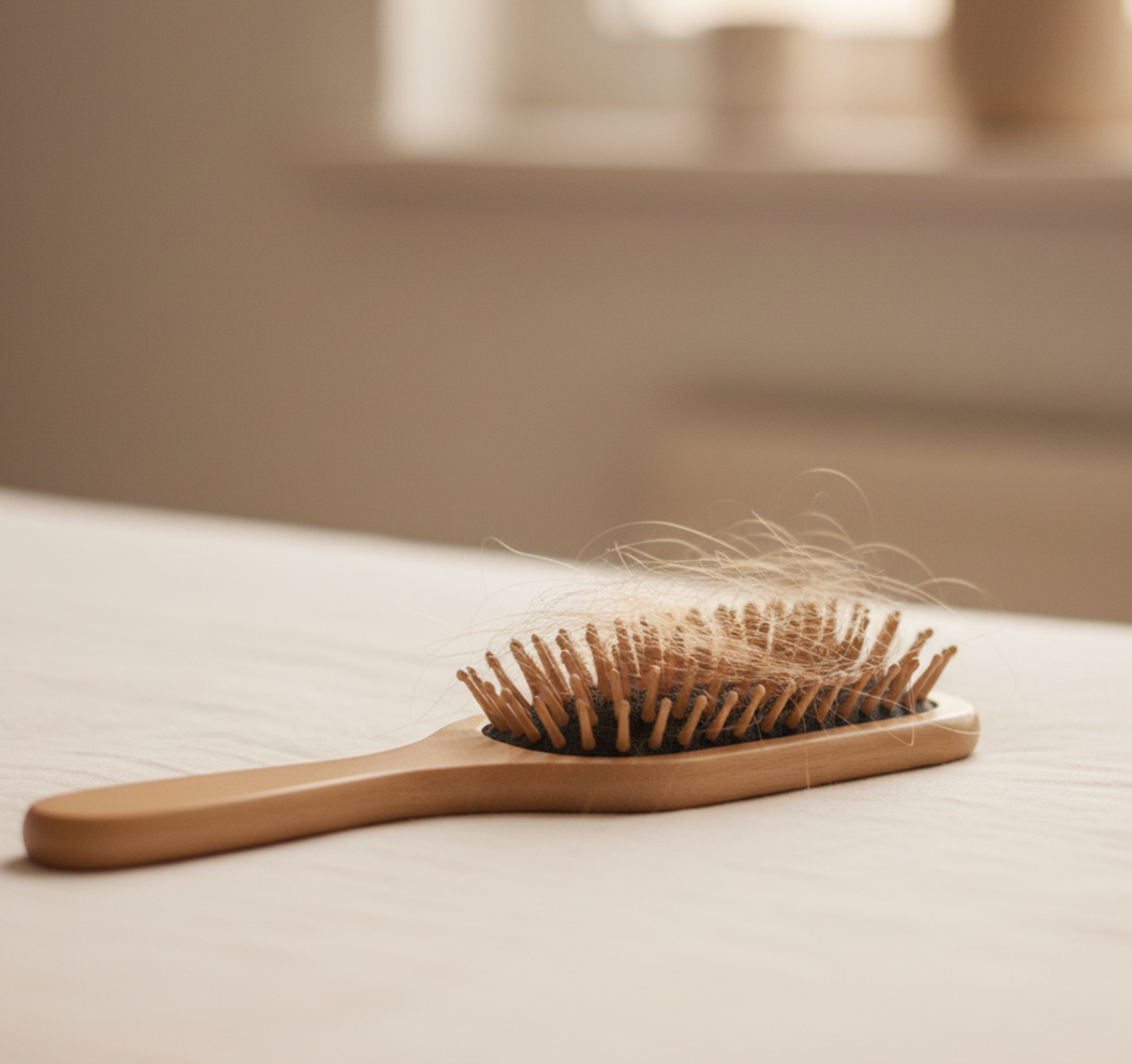 Close-up of a person's forehead and hand touching hairline.