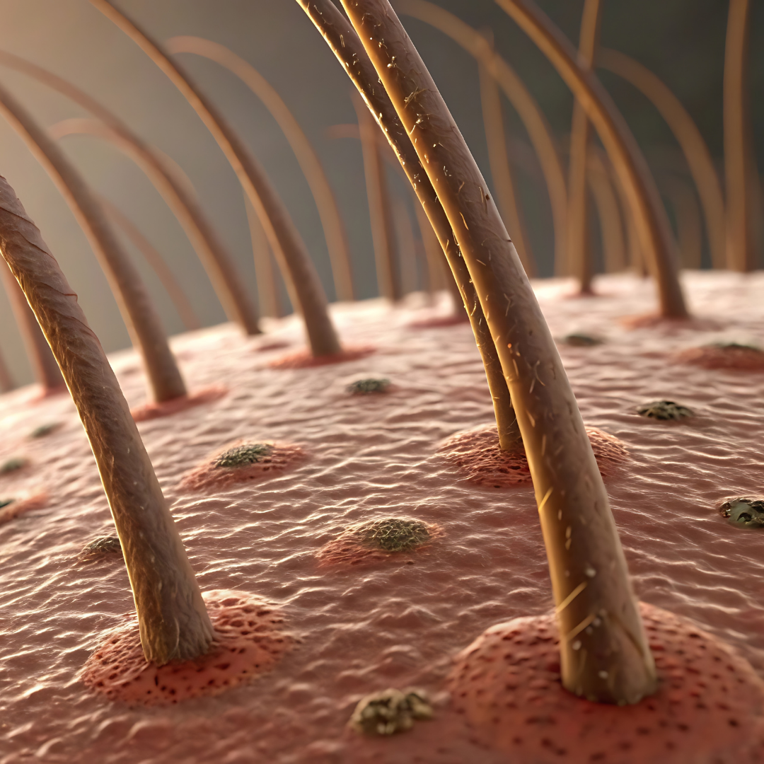 Close-up view of hair follicles on skin surface.