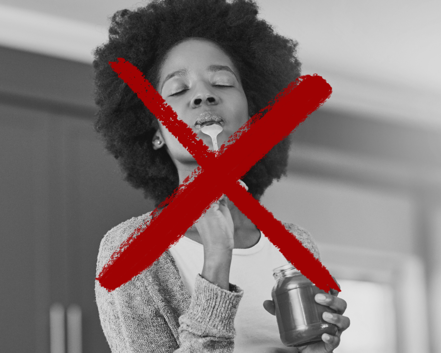 A black and white photo of a woman eating from a jar, with a large red X over her.