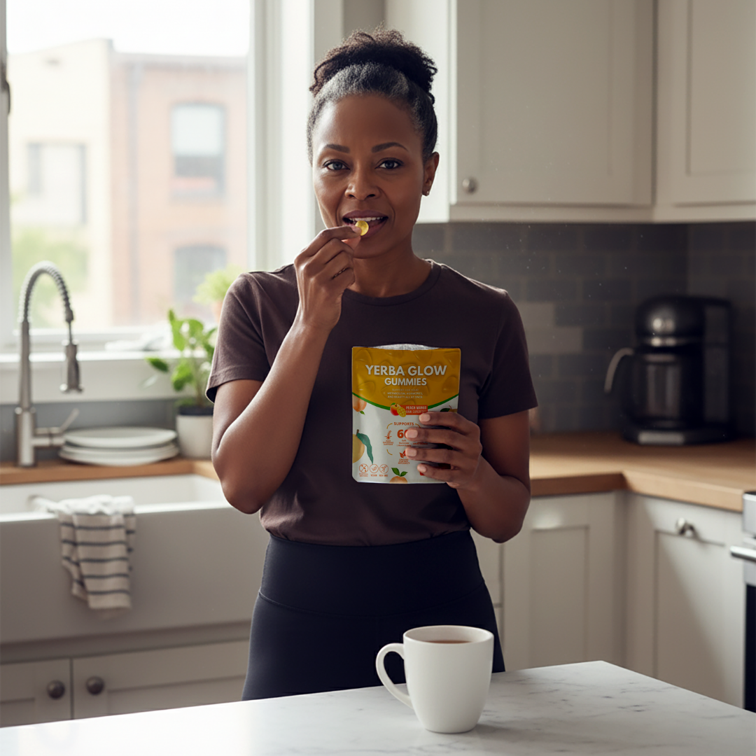 Person in kitchen eating Yerba Glow gummies with coffee cup on counter.