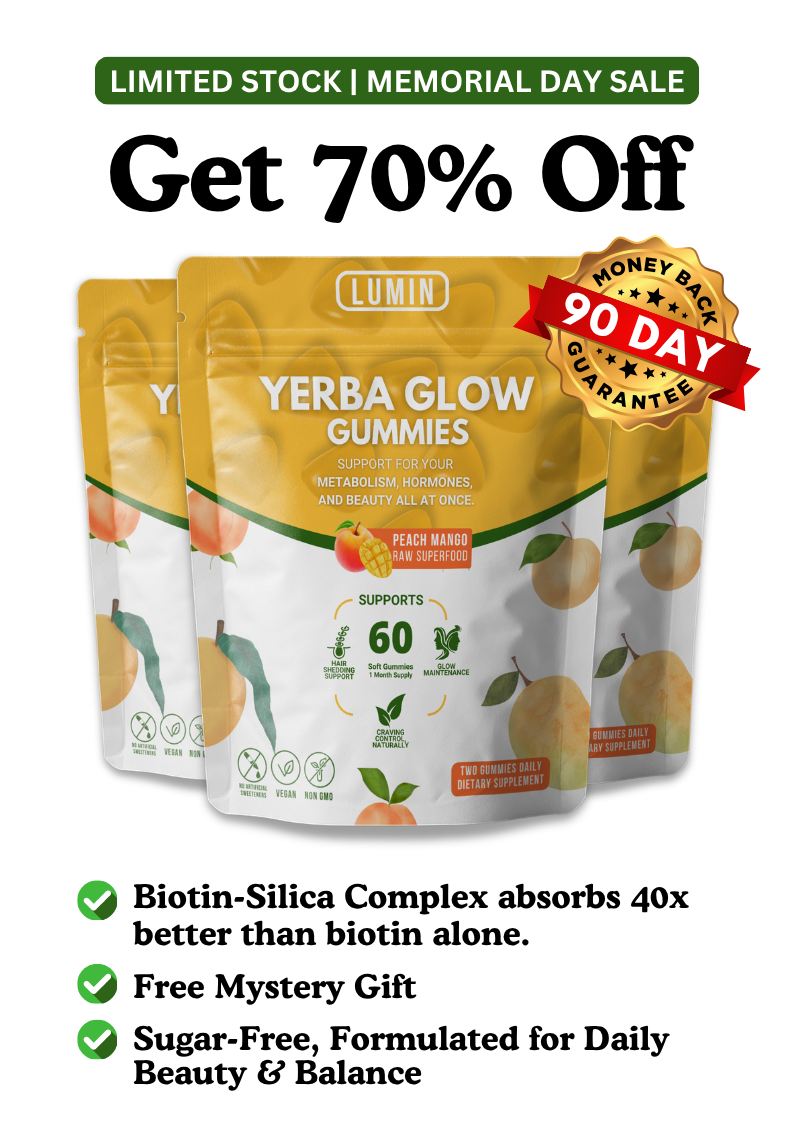 An advertisement for Lumin Yerba Glow Gummies showing three bags and promoting a 70% off sale.