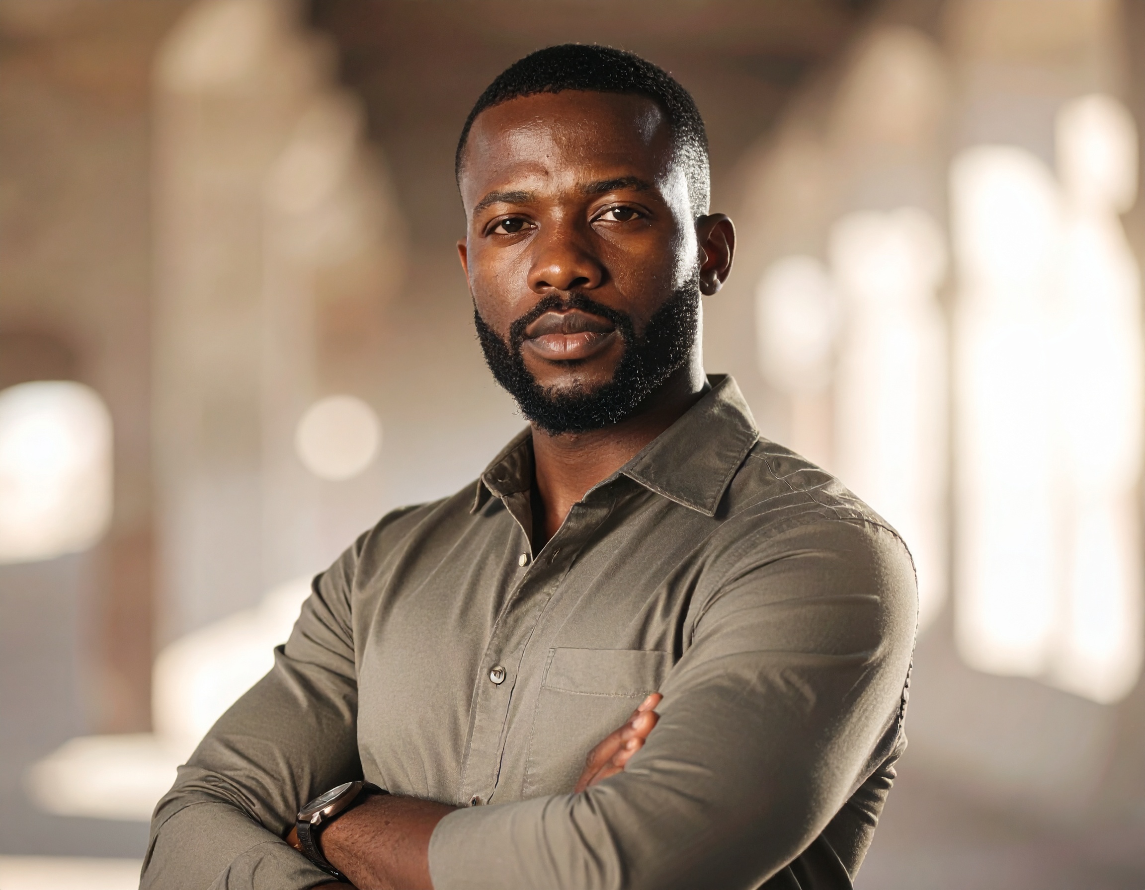 Man in a gray shirt with arms crossed, standing indoors.