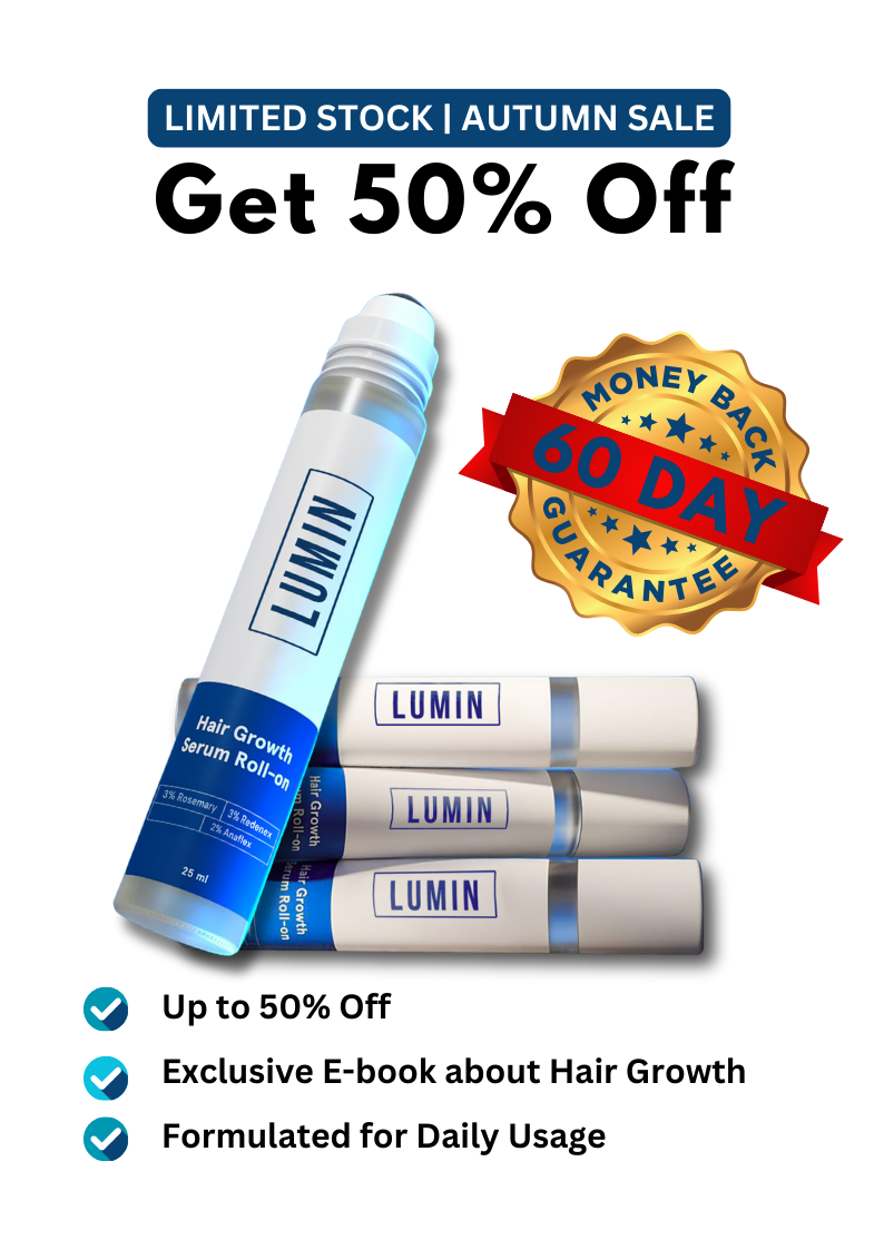 Advertisement for Lumin Hair Growth Serum with 50% off and money-back guarantee.