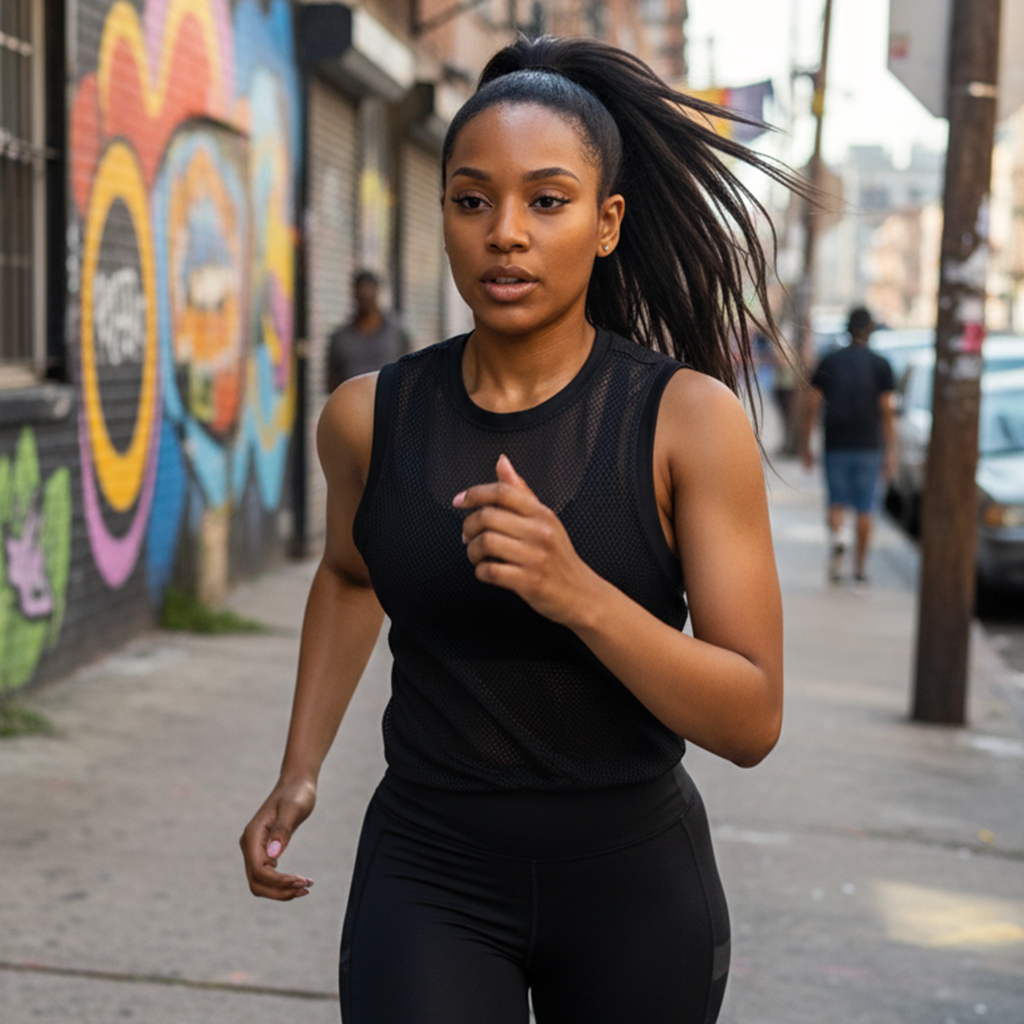 Person jogging on a city street with colorful graffiti walls.