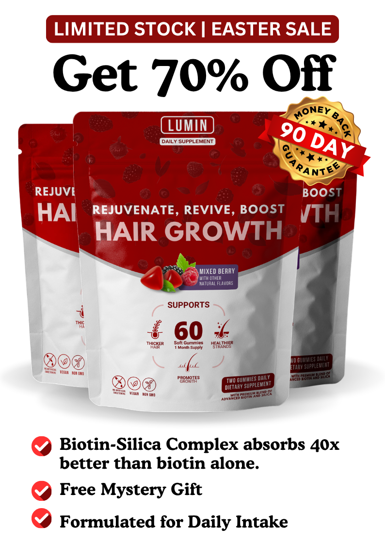 An advertisement for Lumin Hair Growth gummies, showing three pouches and announcing a 70% off Easter sale.