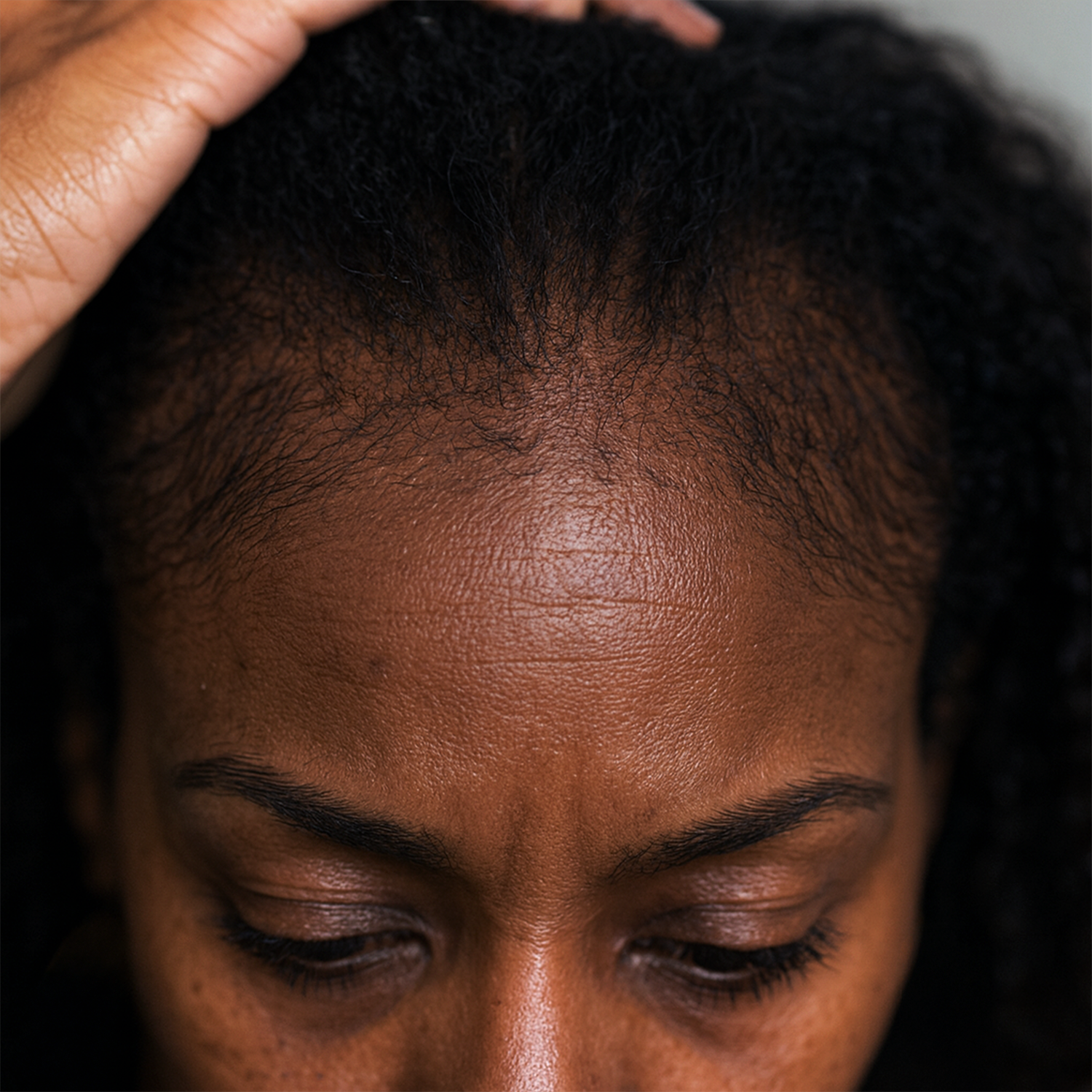 Close-up of person's forehead with hand holding back hair.