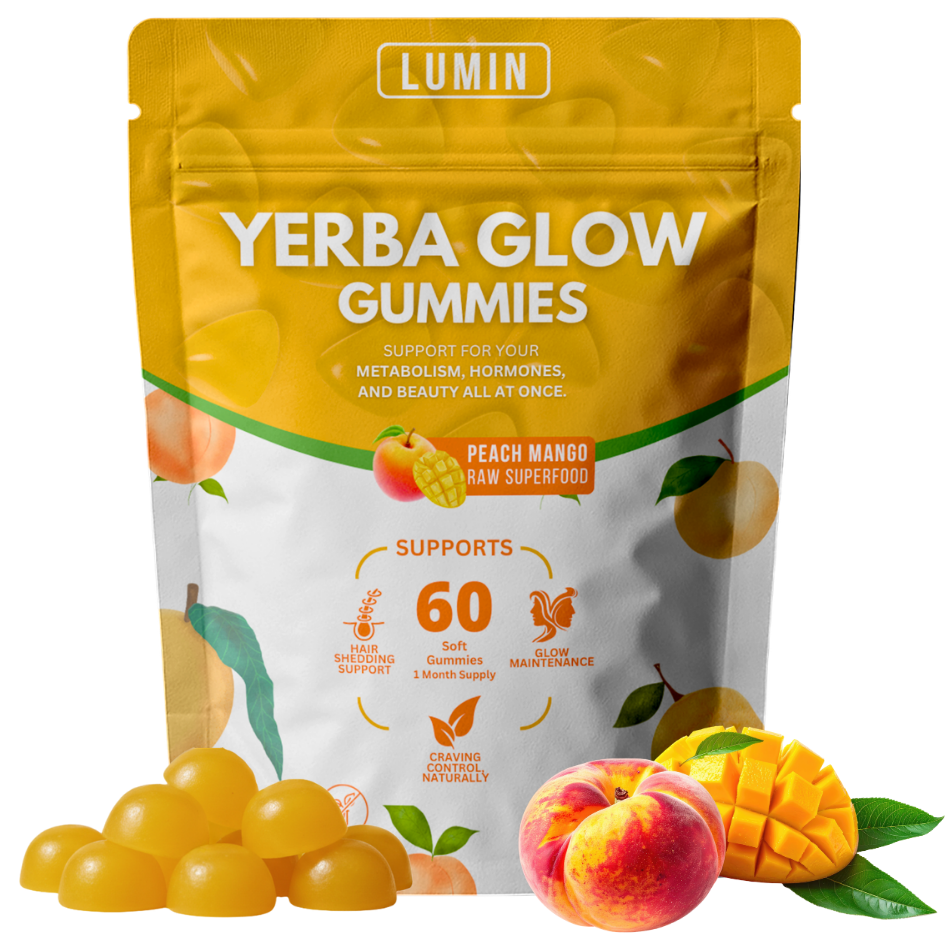 A pouch of Lumin Yerba Glow Gummies with fresh peaches, mangoes, and loose gummies on a white background.