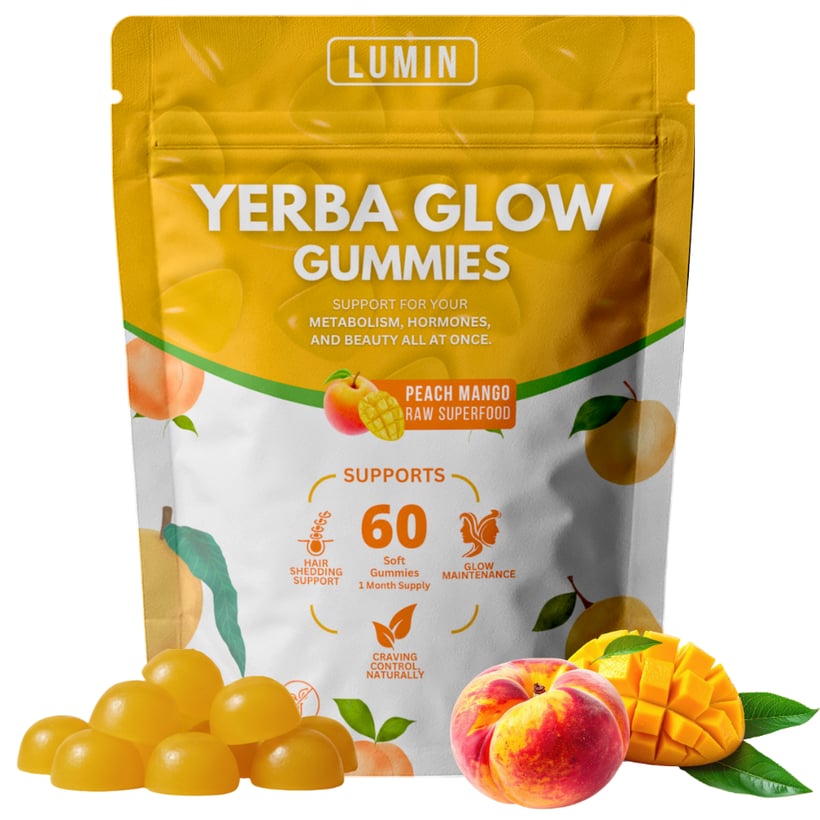 Yerba Glow Gummies pouch with fresh peaches and mangoes