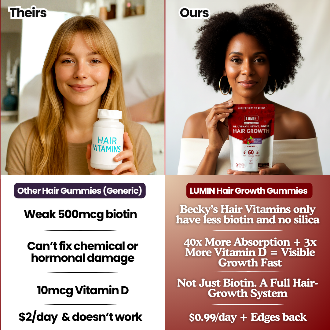 Comparison of generic hair vitamins and LUMIN Hair Growth Gummies with highlighted benefits.