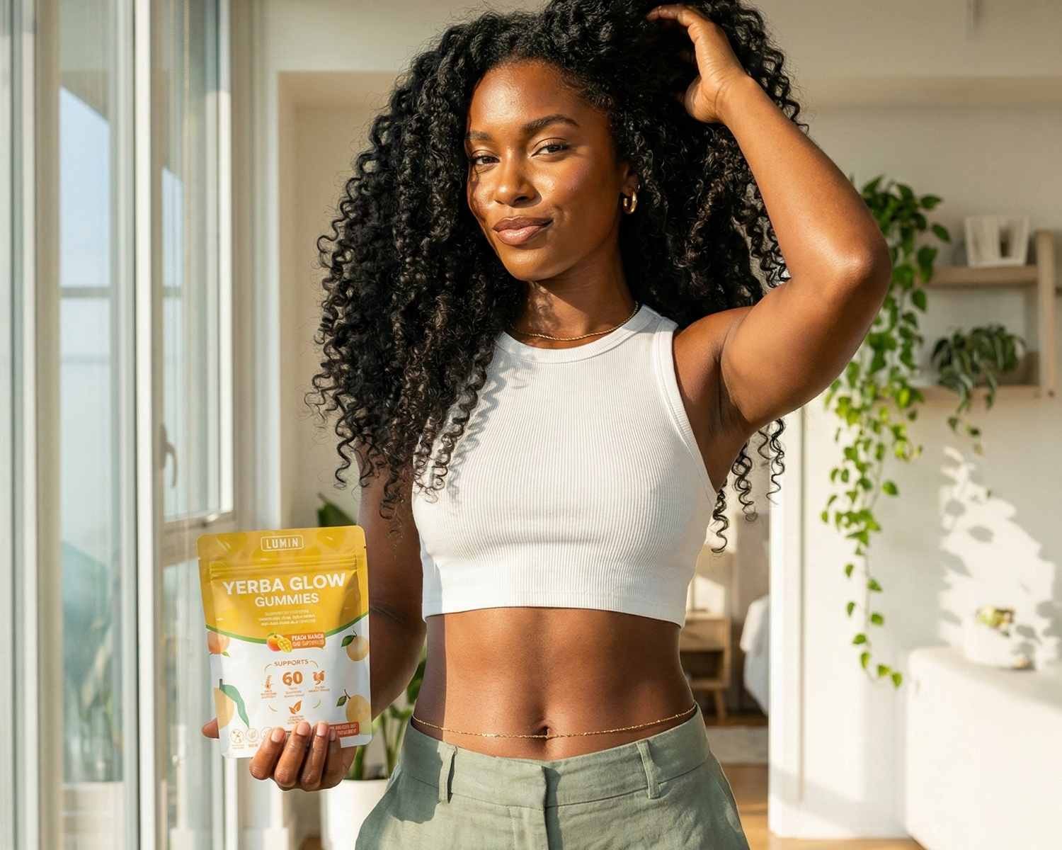 A woman with long, curly hair holds a yellow pouch of Yerba Glow Gummies in a sunlit room.