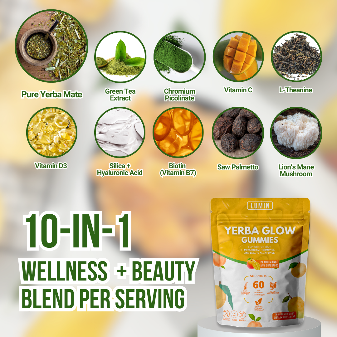 Image of 10 ingredients for Yerba Glow Gummies with packaging shown.