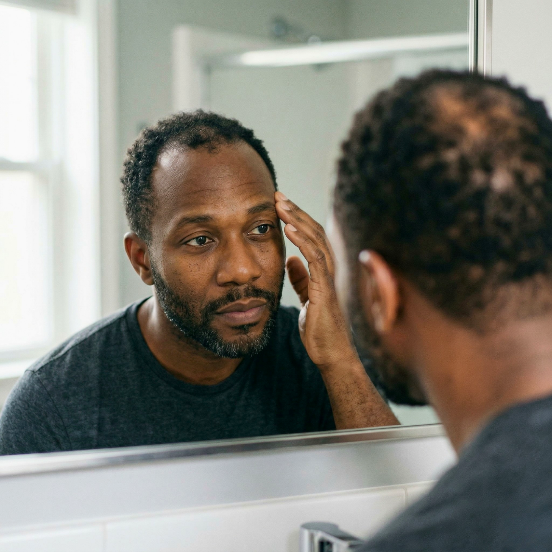 A man with a concerned expression looks at his thinning hair in a bathroom mirror.