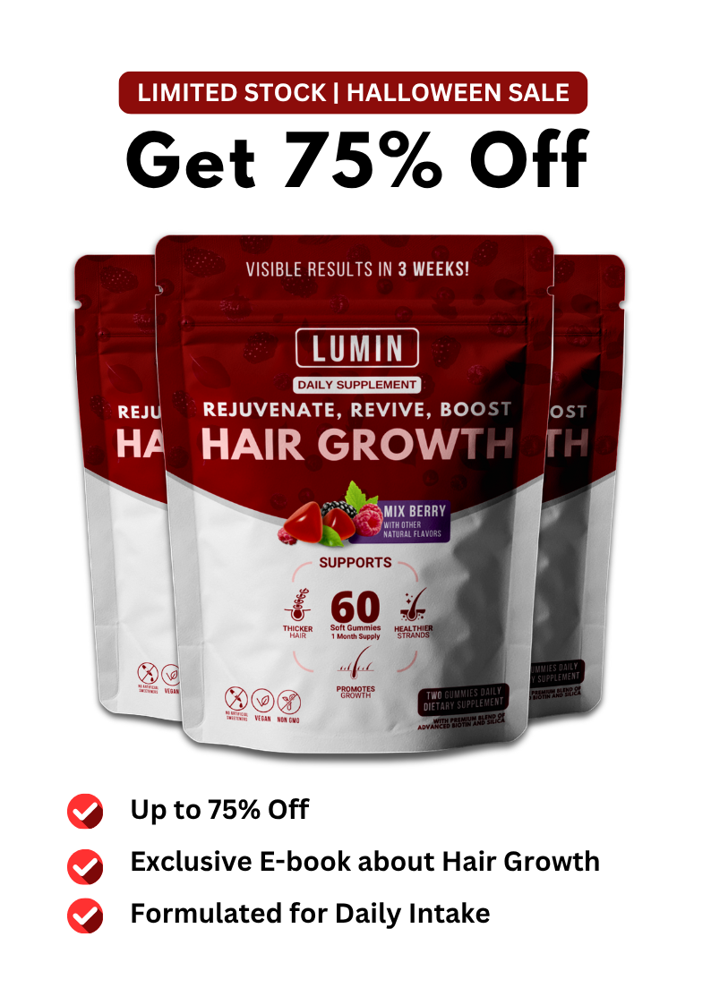 Lumin hair growth supplement with Halloween sale promotion and 75% off offer.