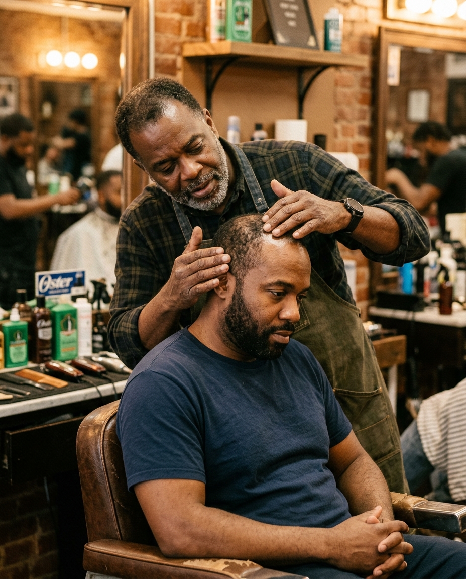 A barber inspects the hair of a man sitting in a barber's chair in a barbershop.