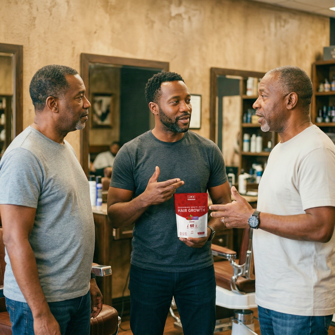 Three men stand in a barbershop talking, one holding a package of a hair growth product.