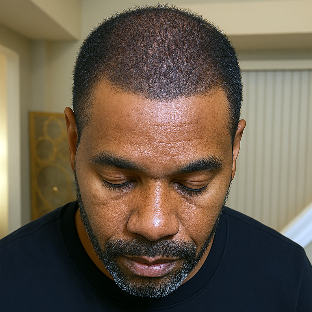 Man with short hair and beard looking down indoors.