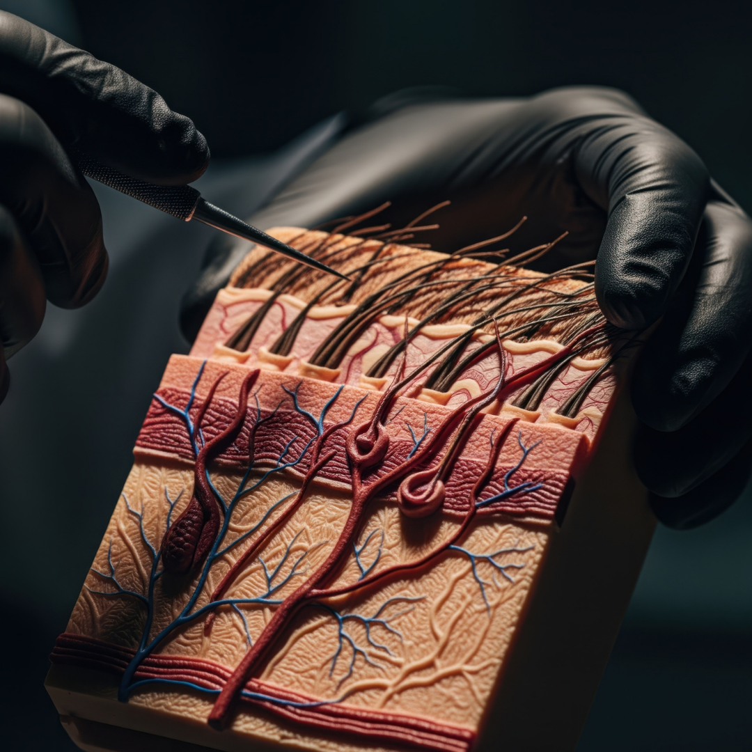Gloved hands holding a detailed cross-section model of human skin layers.
