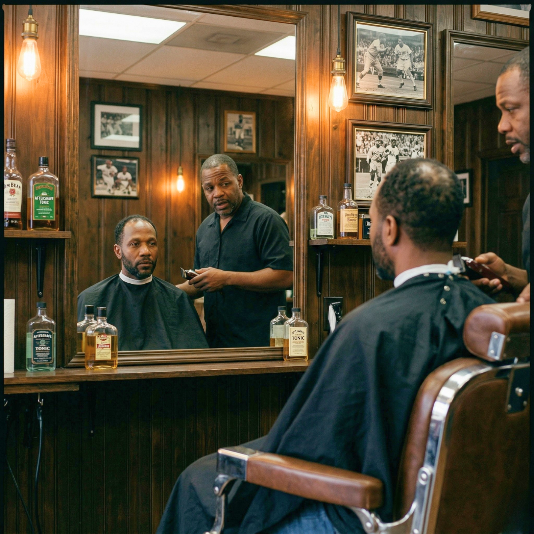 A barber gives a haircut to a man in a classic, wood-paneled barbershop.