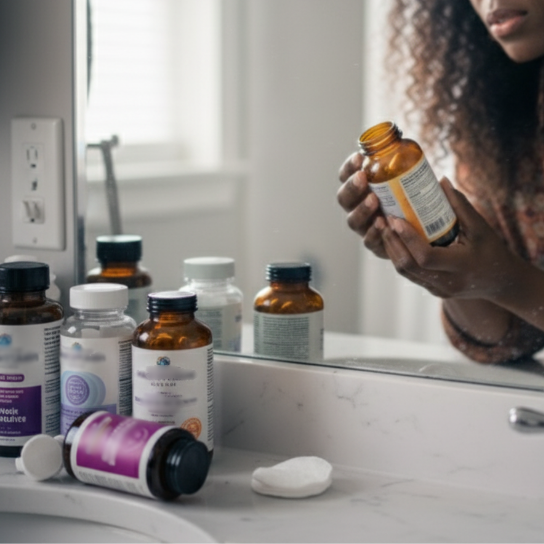 Person examining a brown bottle near a bathroom sink with various bottles.