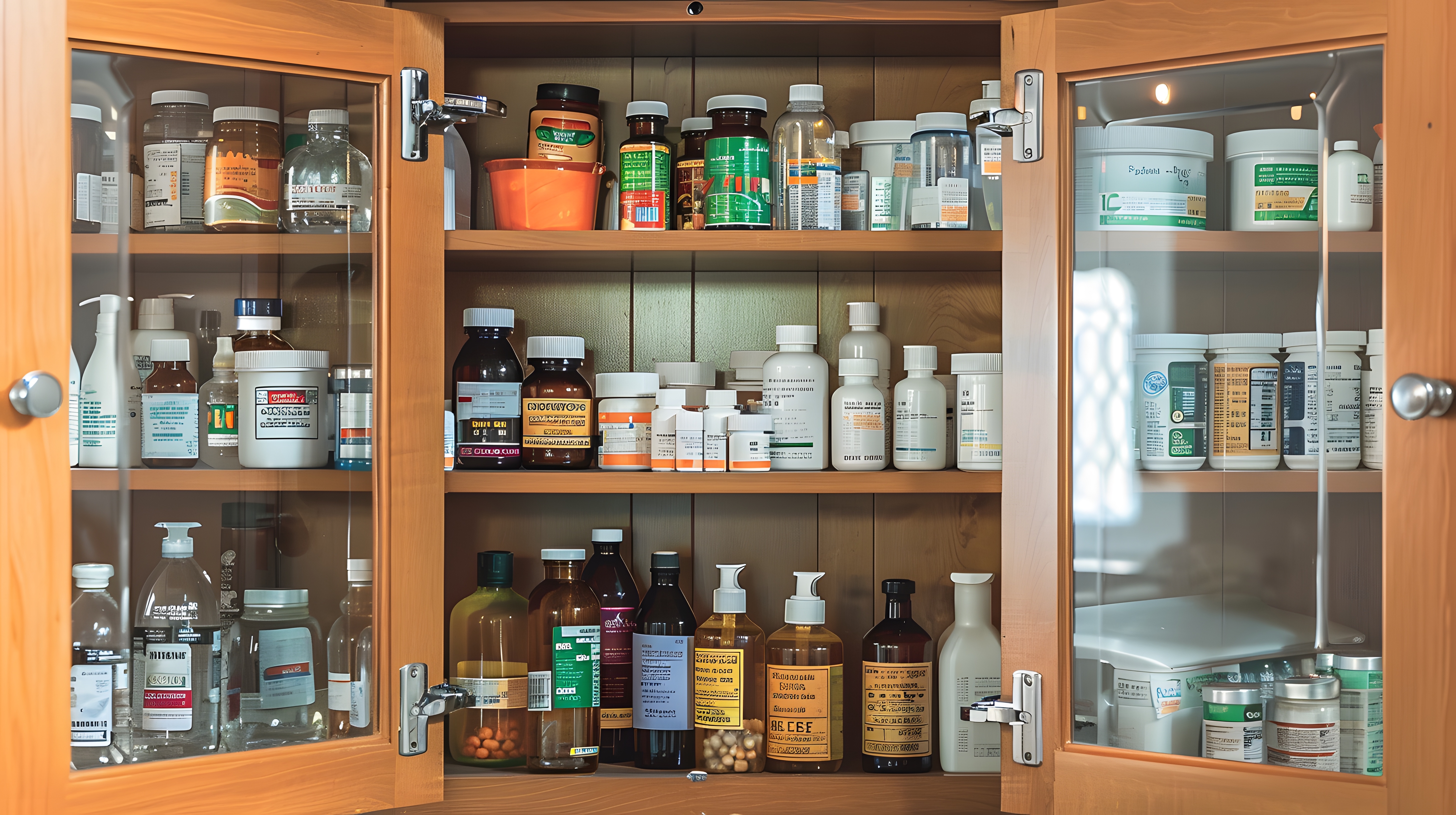 Wooden cabinet with various medicine bottles and containers on shelves.