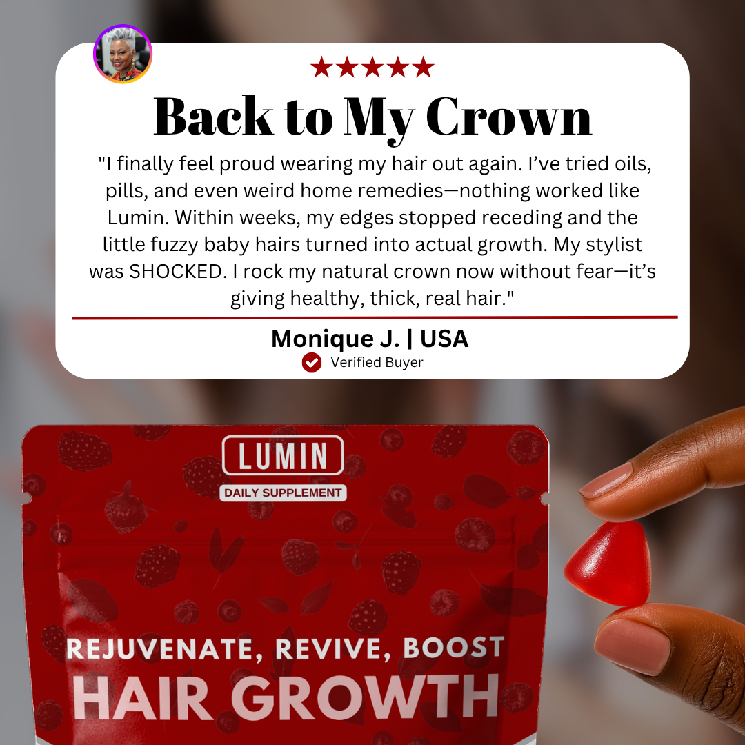 A customer review for Lumin hair growth supplements with a hand holding a red gummy next to the pouch.